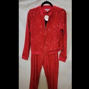 W.A.Y. Red Sequin 2 pc Jacket & Pant Set sz Small